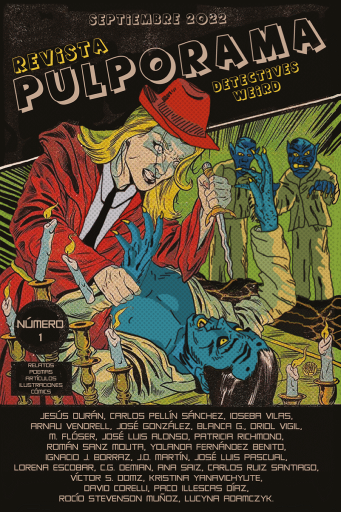 Portada de la revista Pulporama: Detectives weird. Una mujer detective está intentando a matar a un ser sobrenatural con la piel azul