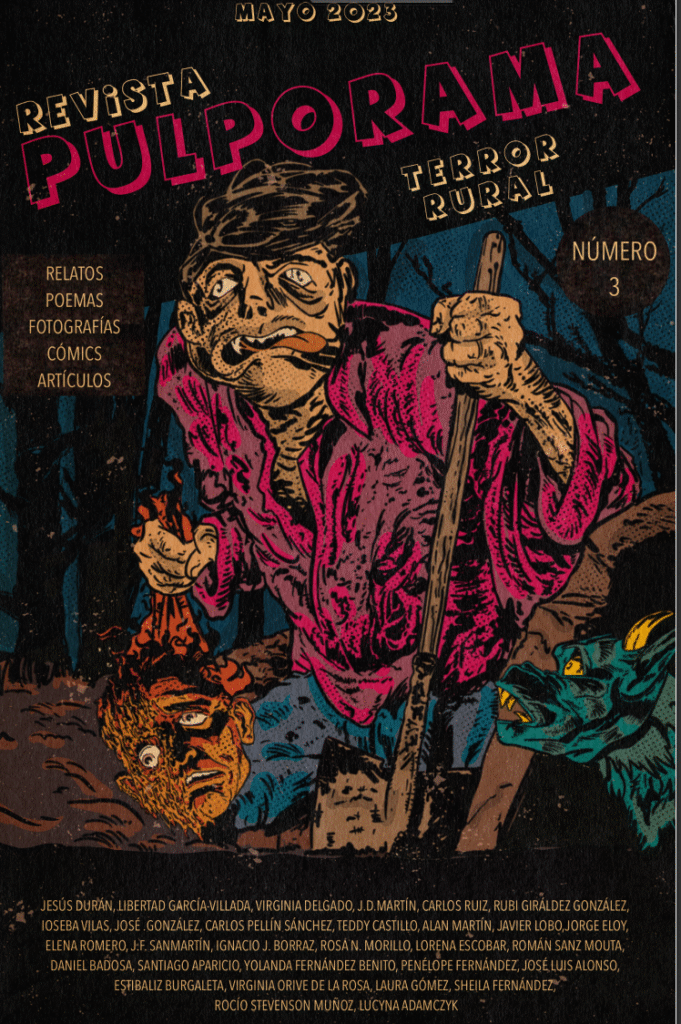 Portada de la revista pulporama: Terror rural. Un hombre sostiene en la mano la cabeza de un hombre lobo