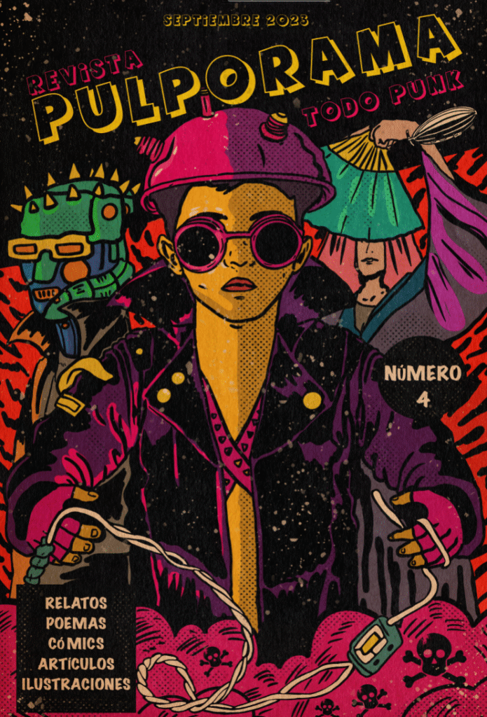 Portada de la revista pulporama: todo punk. Una mujer con casco sostiene varios cables en sus manos como si quisiera hacer explotar algo