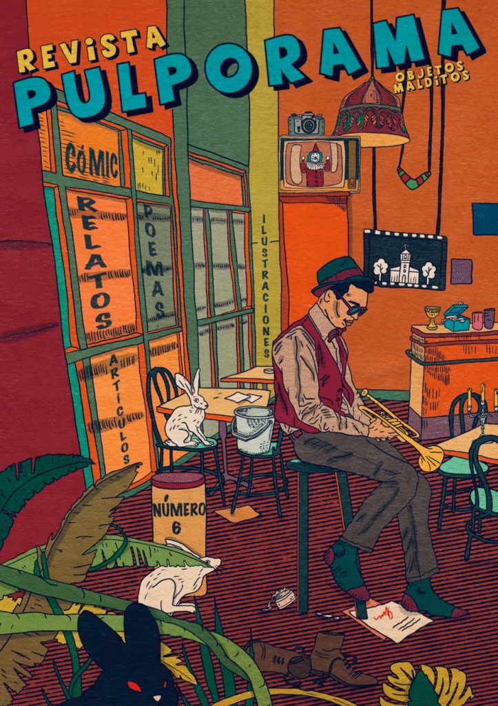 Portada de la revista pulporama: objetos malditos. Un músico con una trompeta en la mano, está sentado en la silla en la habitación. Alrededor se ven varios objetos malditos: conejos, zapatos, un cubo