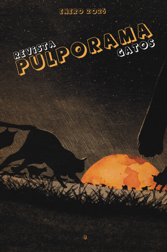 Portada de la revista pulporama: Gatos. Muchos gatos se deslizan por la noche hacia algo que parece un planeta amarillo