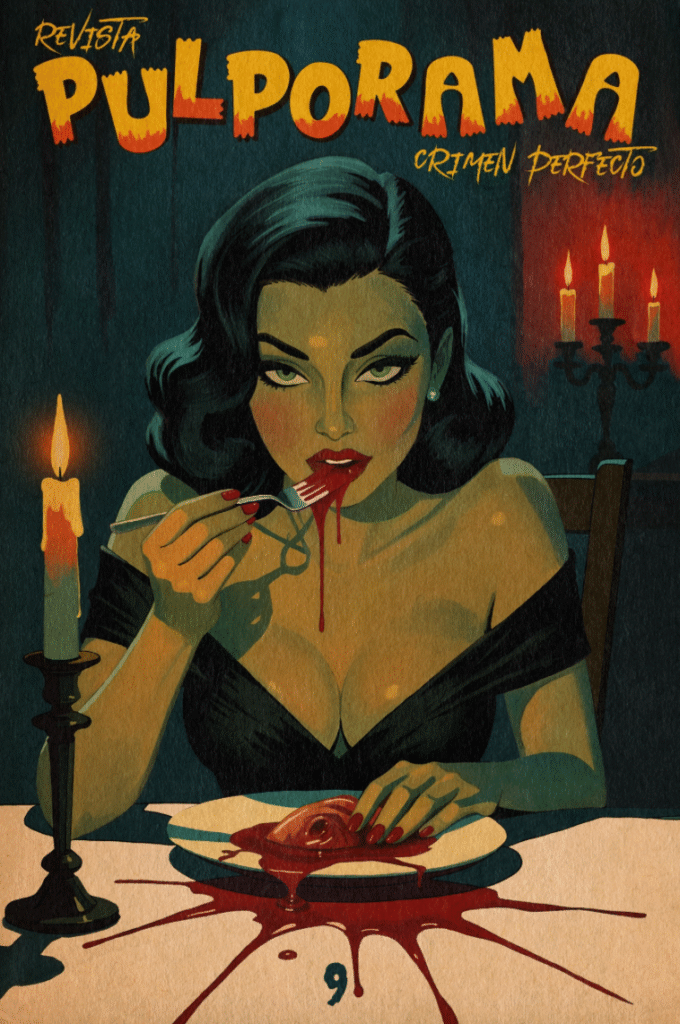 Portada de la revista pulporama: el crimen perfecto. Una mujer de piel verde está sentada a la mesa y está comiendo un corazón humano. La sangre se está goteando del tenedor.