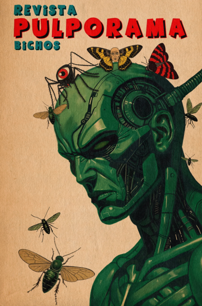 Portada de la revista pulporama: bichos. Un humanoide verde con los ojos cerrados. En su cabeza se arrastran muchos insectos.